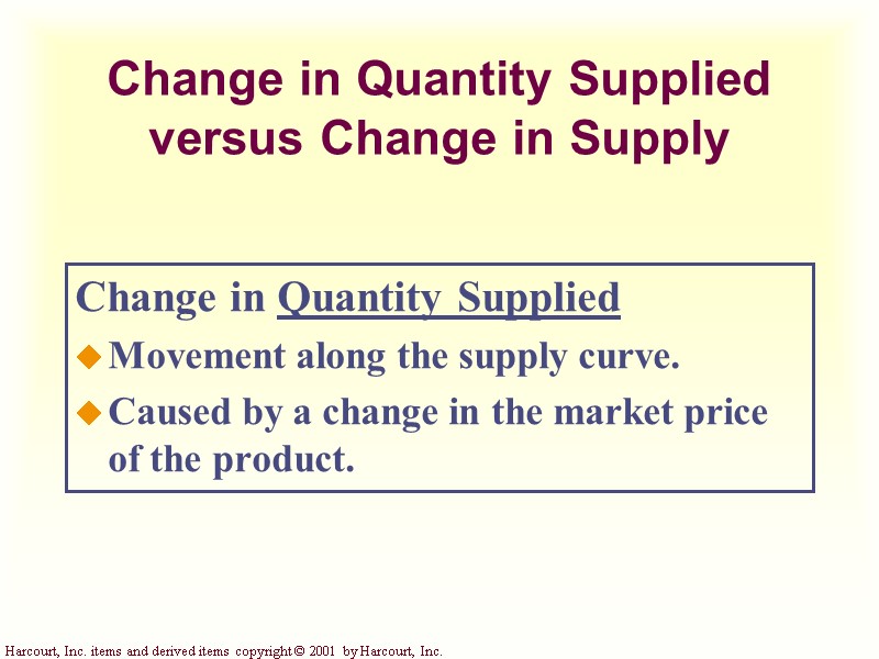 Change in Quantity Supplied versus Change in Supply Change in Quantity Supplied Movement along